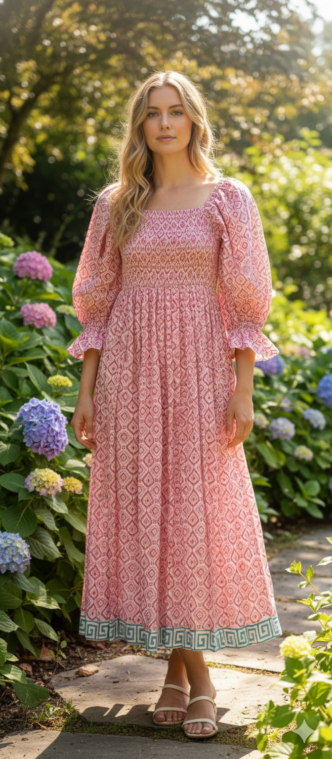 Pink Ikat Block Print Cotton Midi Dress – Square Neck Smocked Bohemian Dress