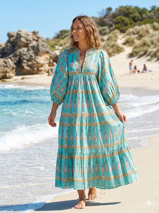 Turquoise Paisley Cotton Maxi Dress – Hand Block Print Boho Puff Sleeve Dress