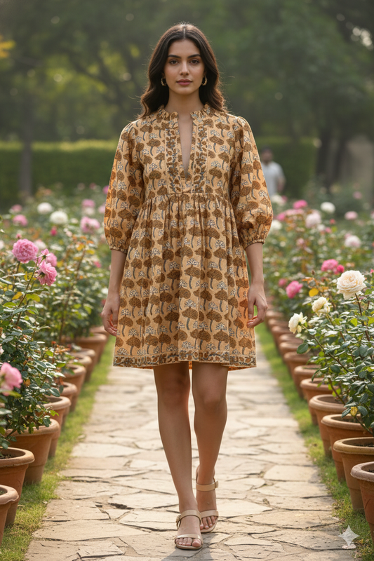 Mustard Brown Floral Hand Block Printed Cotton Mini Dress – Puff Sleeve Boho Summer Dress