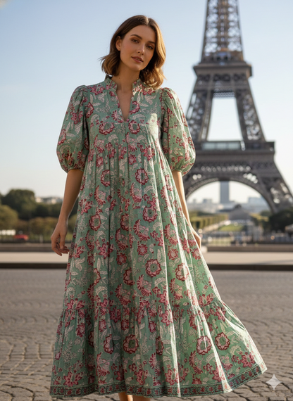Sage Green Pink Floral Hand Block Printed Cotton Midi Dress – Boho Tiered Long Sleeve Indian Dress