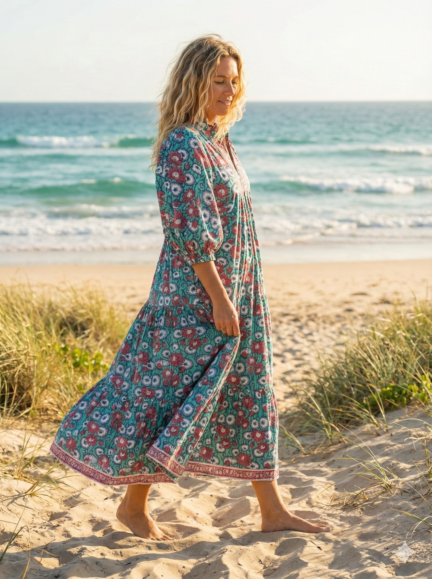 Teal Red Floral Block Print Cotton Midi Dress – Boho Handmade Tiered Dress with Puff Sleeves & Contrast Yoke