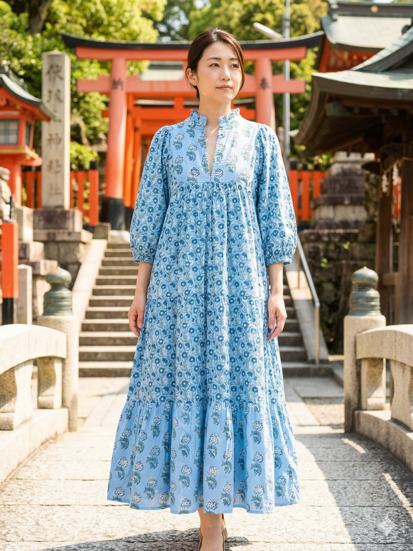 Sky Blue Botanical Hand Block Print Cotton Maxi Dress – Boho Puff Sleeve Tiered Style