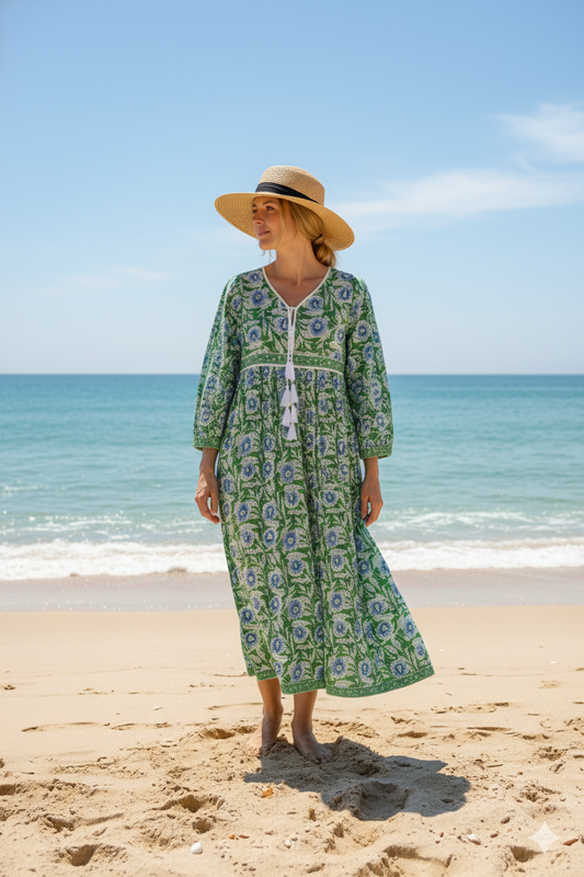 Green Floral Hand Block Printed Cotton Mini Dress – Boho Tassel Dress