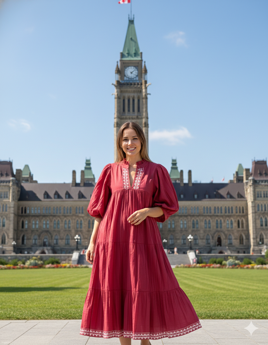 Maroon Cotton Maxi Dress – Puff Sleeve Tiered Boho Long Dress with Block Print Border