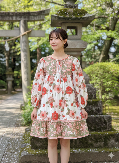 White Red Floral Screen Printed Cotton Mini Dress – Long Sleeve Boho Indian Dress