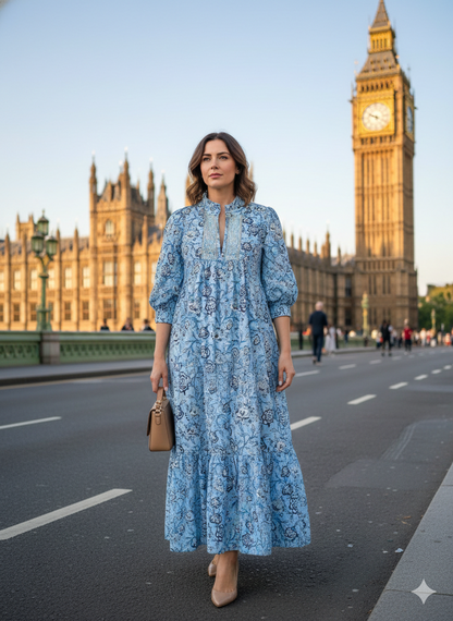 blue floral block printed women's maxi dress