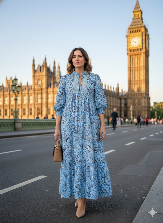 blue floral block printed women's maxi dress