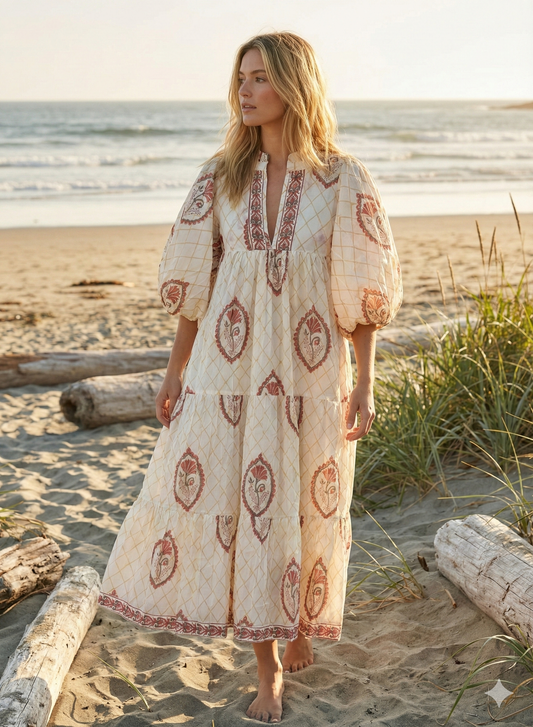 Ivory Red Floral Block Print Cotton Midi Dress – Boho Handmade Tiered Dress with Puff Sleeves & Contrast Yoke