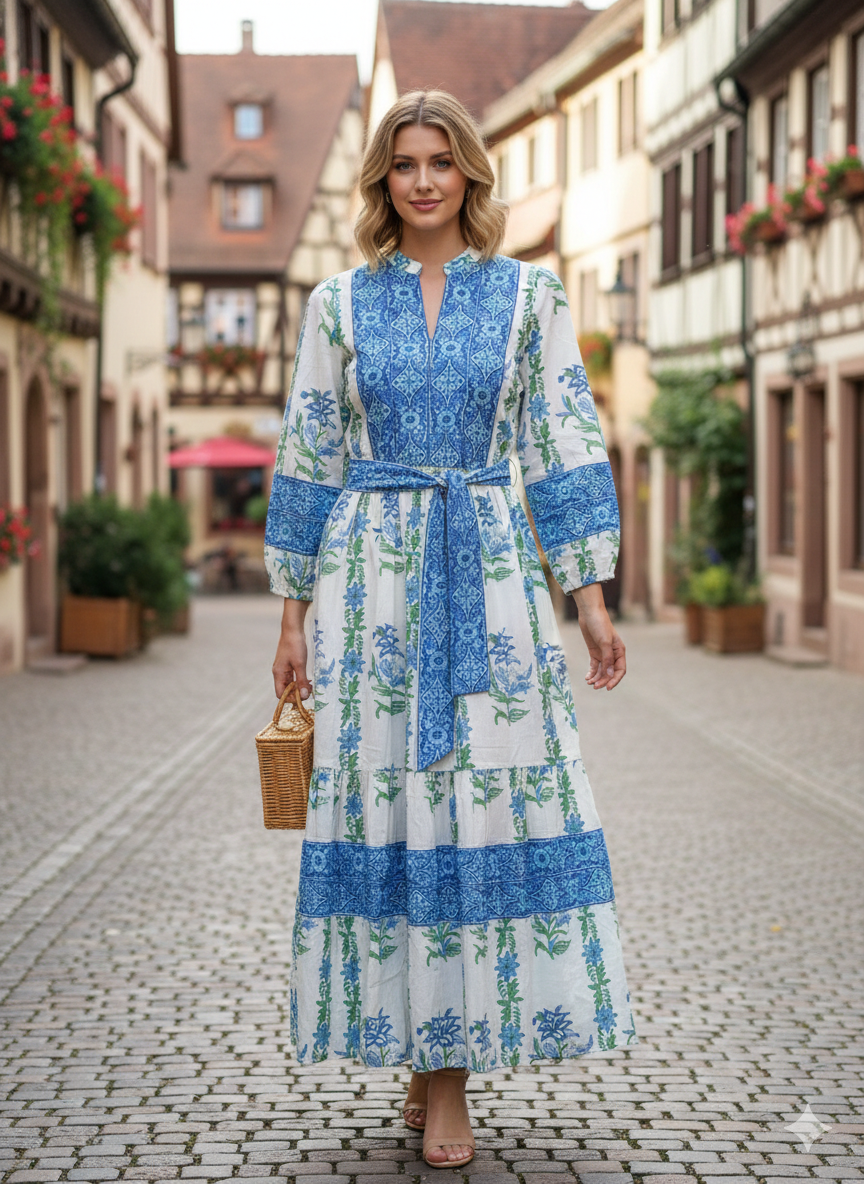Blue Floral Hand Block Printed Cotton Maxi Dress – Boho Tiered Long Sleeve Dress