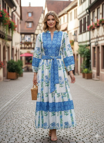 Blue Floral Hand Block Printed Cotton Maxi Dress – Boho Tiered Long Sleeve Dress