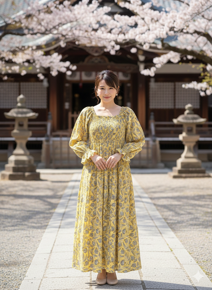 Yellow Floral Hand Block Printed Cotton Midi Dress – Smocked Bodice Puff Sleeve Boho Dress