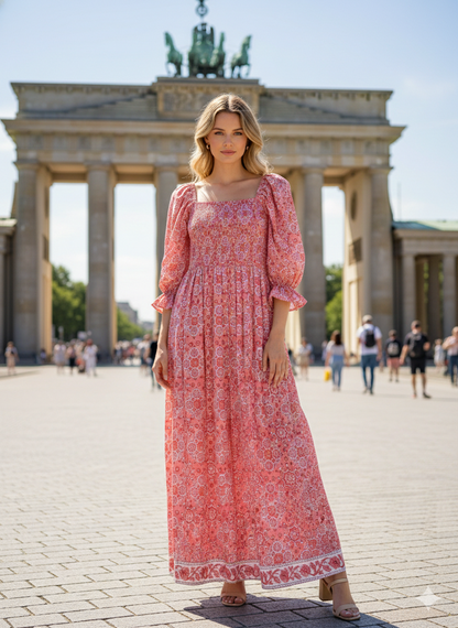 Dusty Rose Floral Hand Block Printed Cotton Midi Dress – Smocked Bodice Puff Sleeve Boho Dress