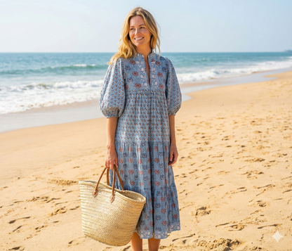 Blue Floral Hand Block Printed Cotton Maxi Dress – Indian Boho Tiered Long Dress