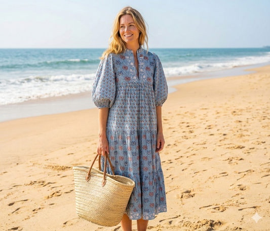 Blue Floral Hand Block Printed Cotton Maxi Dress – Indian Boho Tiered Long Dress