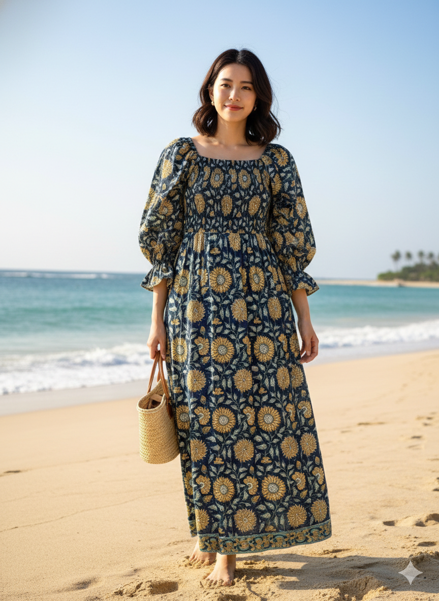 Navy Blue Sunflower Block Print Cotton Midi Dress – Smocked Boho Long Sleeve Dress