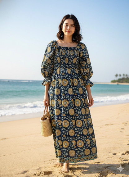 Navy Blue Sunflower Block Print Cotton Midi Dress – Smocked Boho Long Sleeve Dress