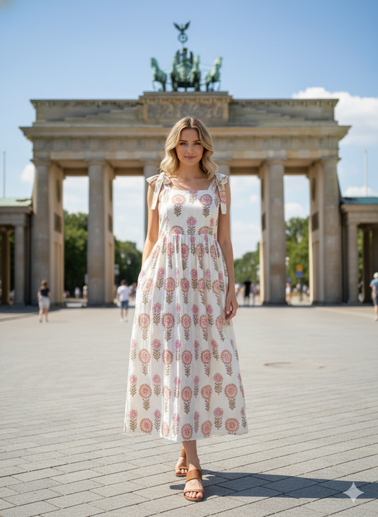 white knotty dress with big flower print in pink