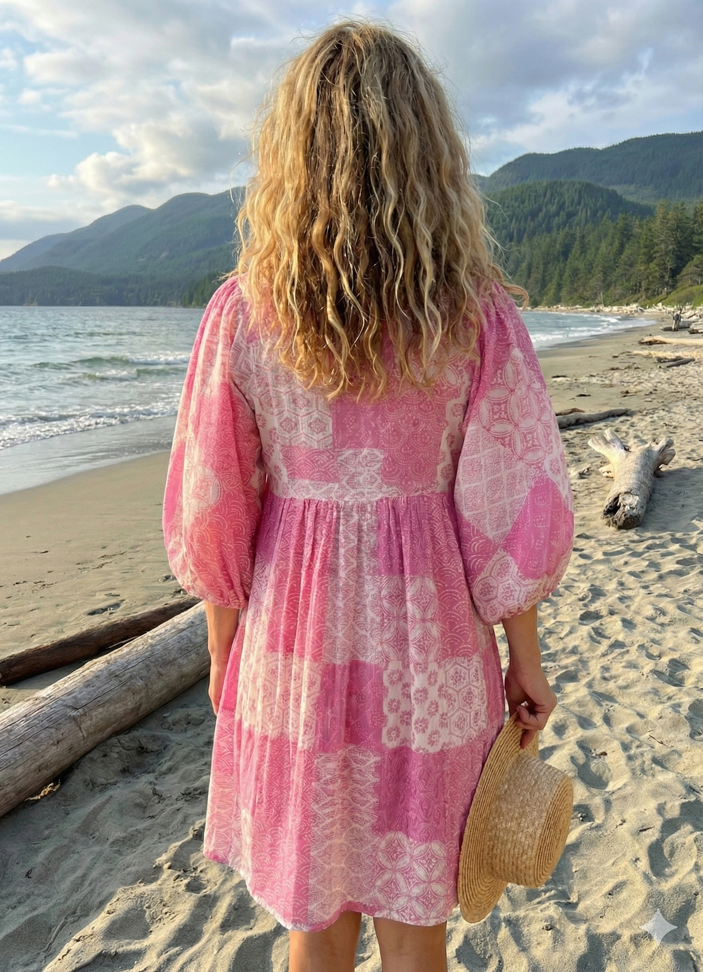 Pink Geometric Patchwork Screen Printed Cotton Dress – Puff Sleeve Boho Tiered Midi Dress