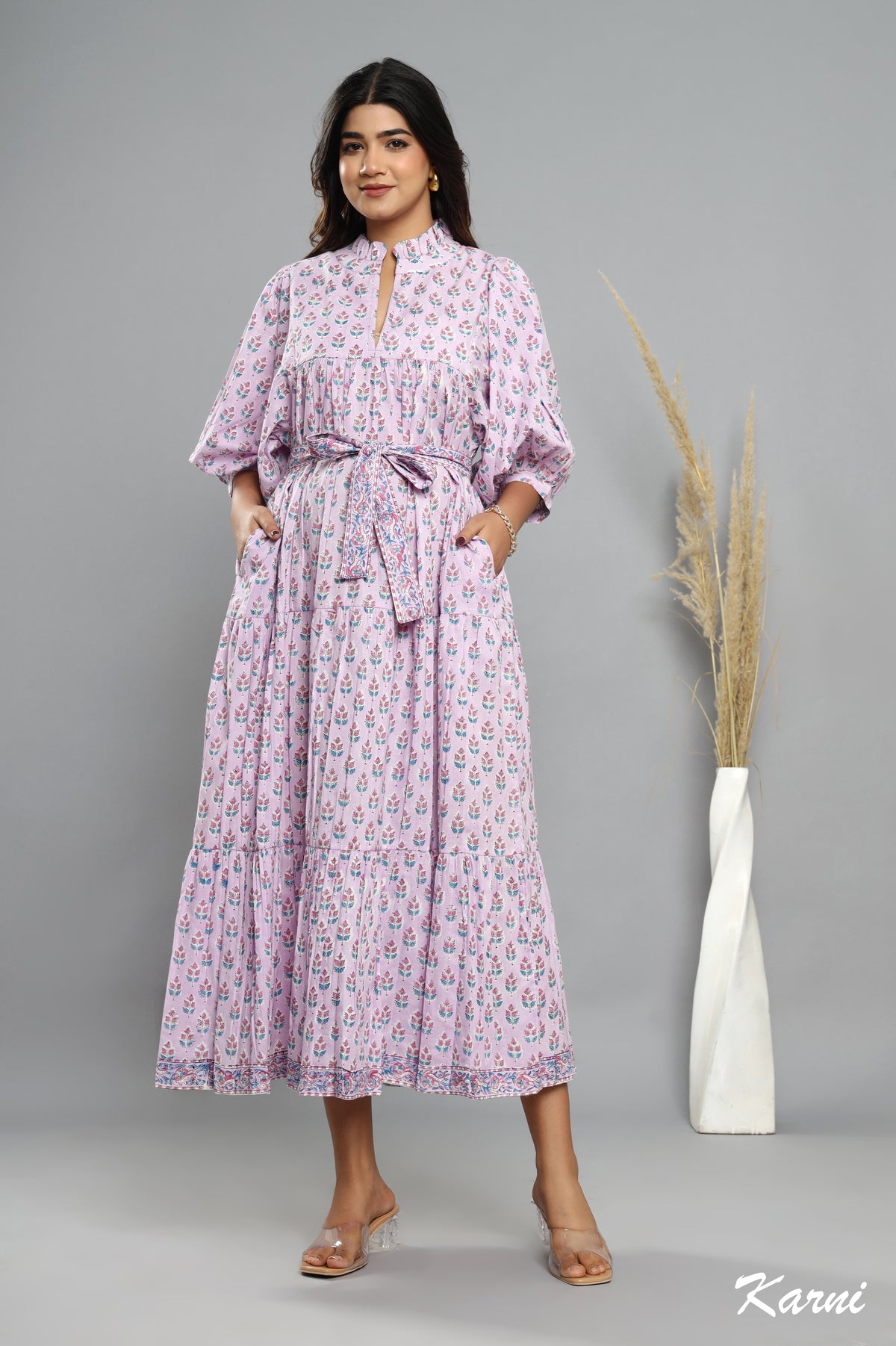 cotton light purple floral women's summer maxi dress - 3/4th sleeve with buttons