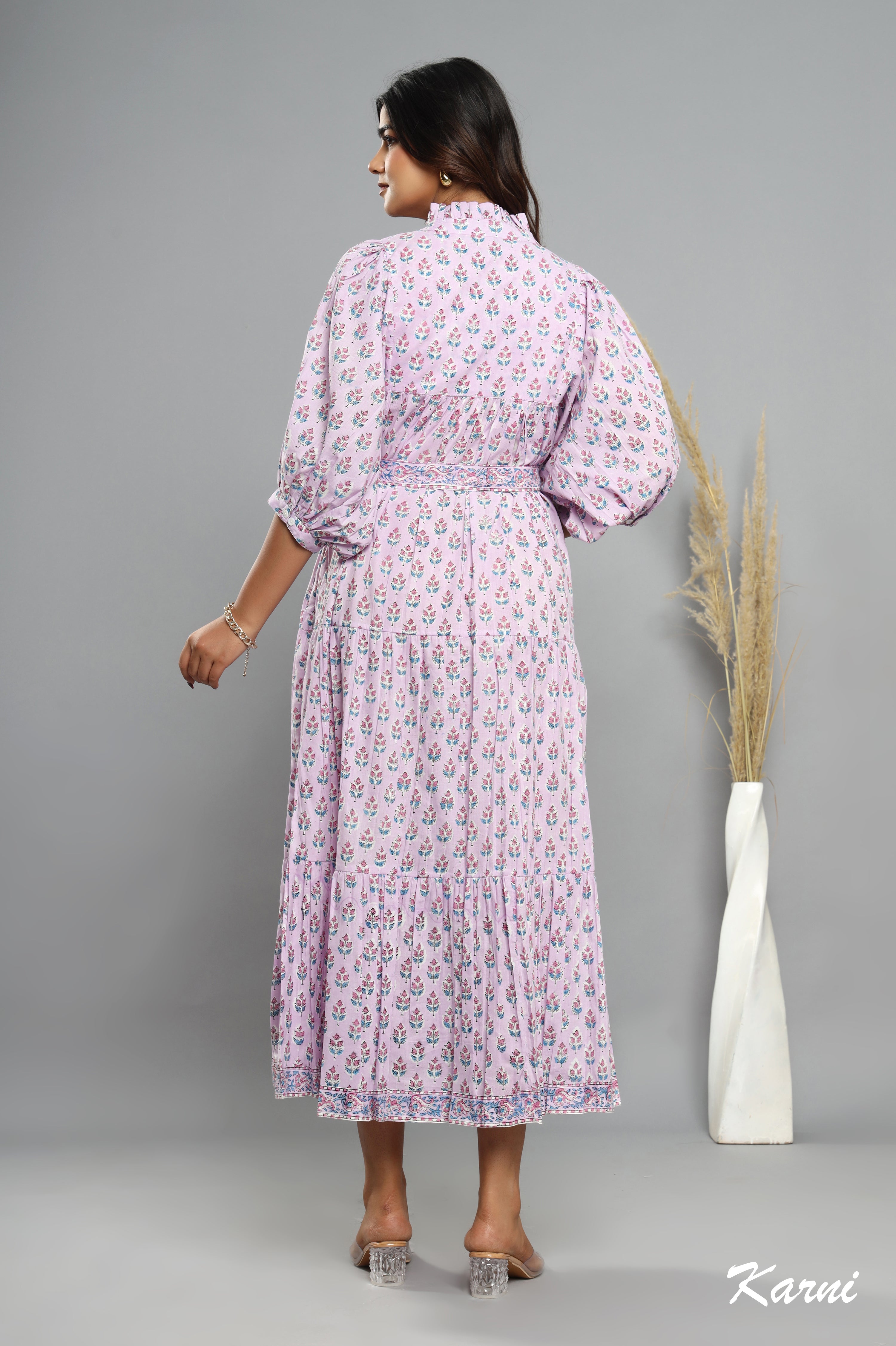 cotton light purple floral women's summer maxi dress - 3/4th sleeve with buttons