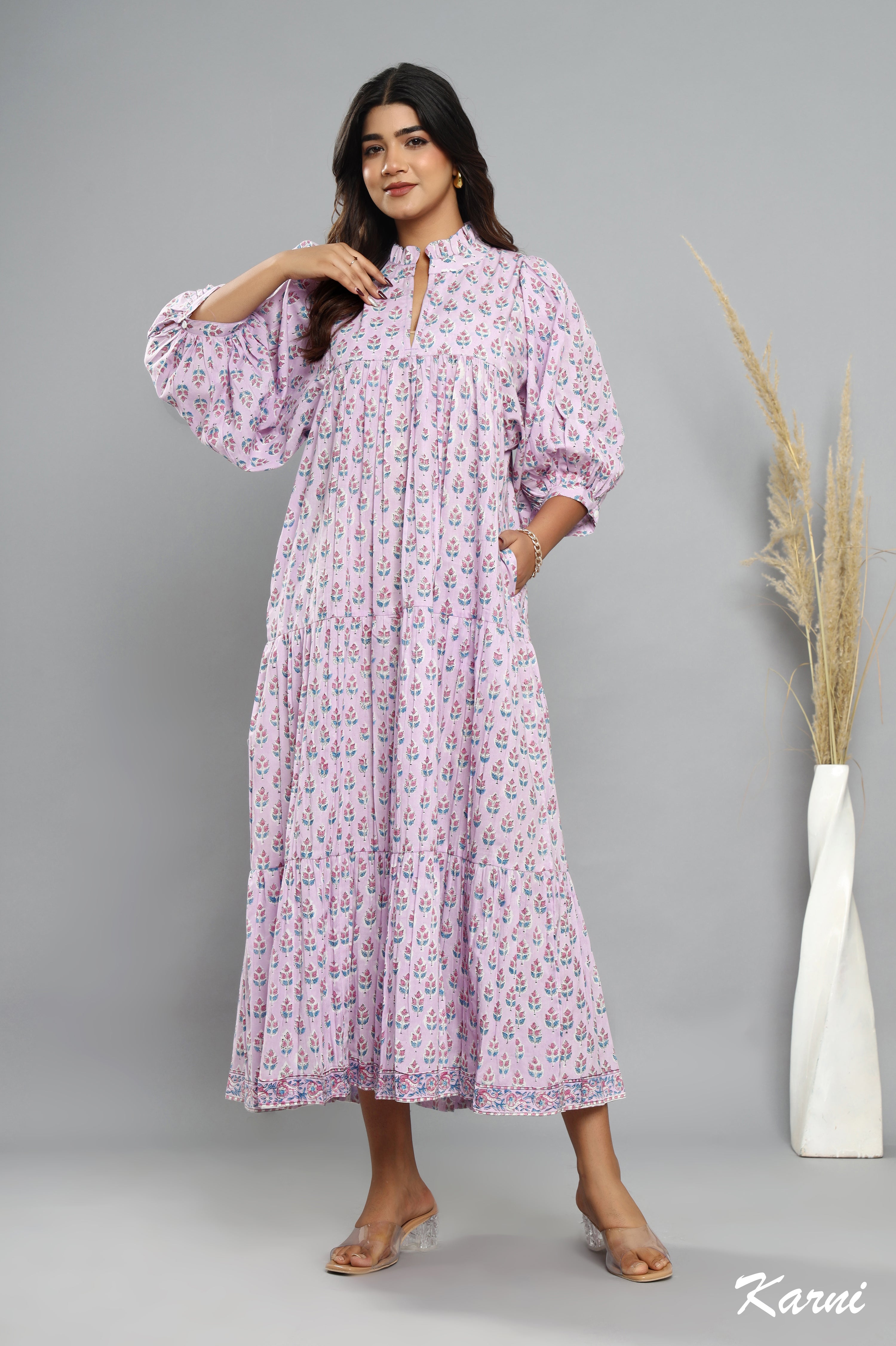 cotton light purple floral women's summer maxi dress - 3/4th sleeve with buttons