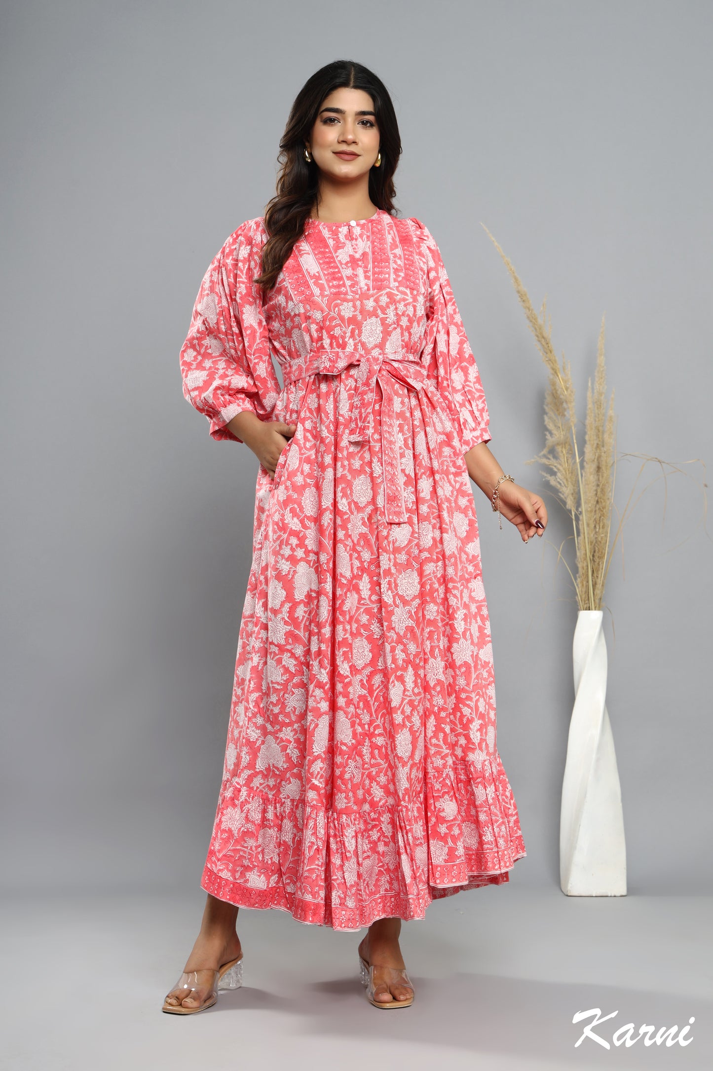 punch floral hand block printed bohemian cotton dress - 3/4th sleeve long maxi dress