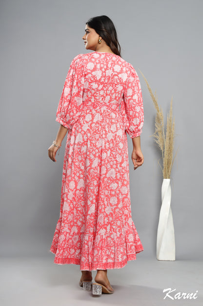 punch floral hand block printed bohemian cotton dress - 3/4th sleeve long maxi dress