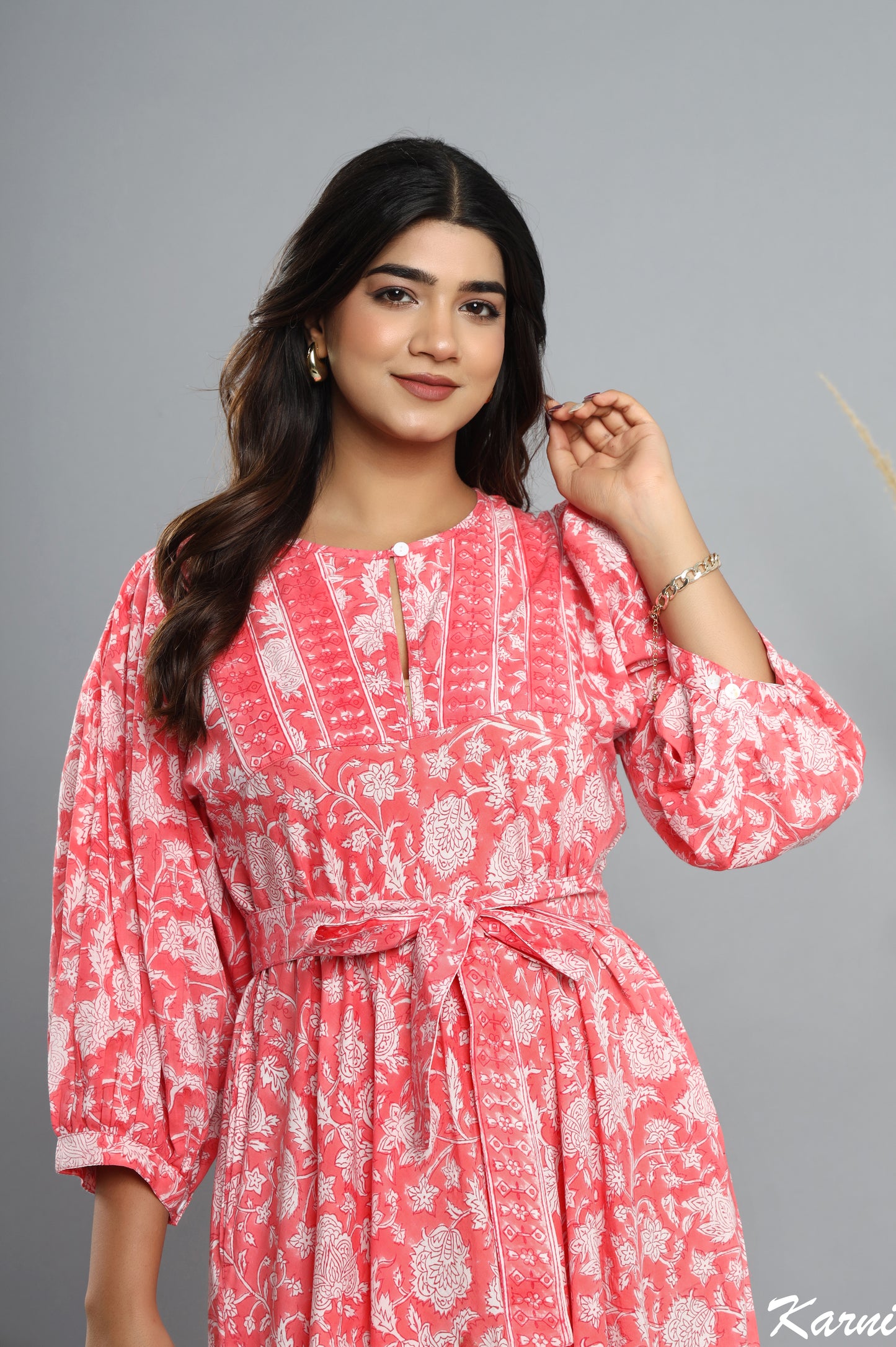 punch floral hand block printed bohemian cotton dress - 3/4th sleeve long maxi dress