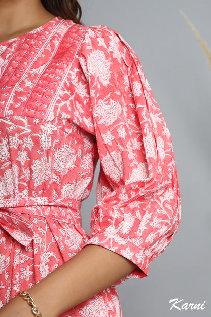punch floral hand block printed bohemian cotton dress - 3/4th sleeve long maxi dress