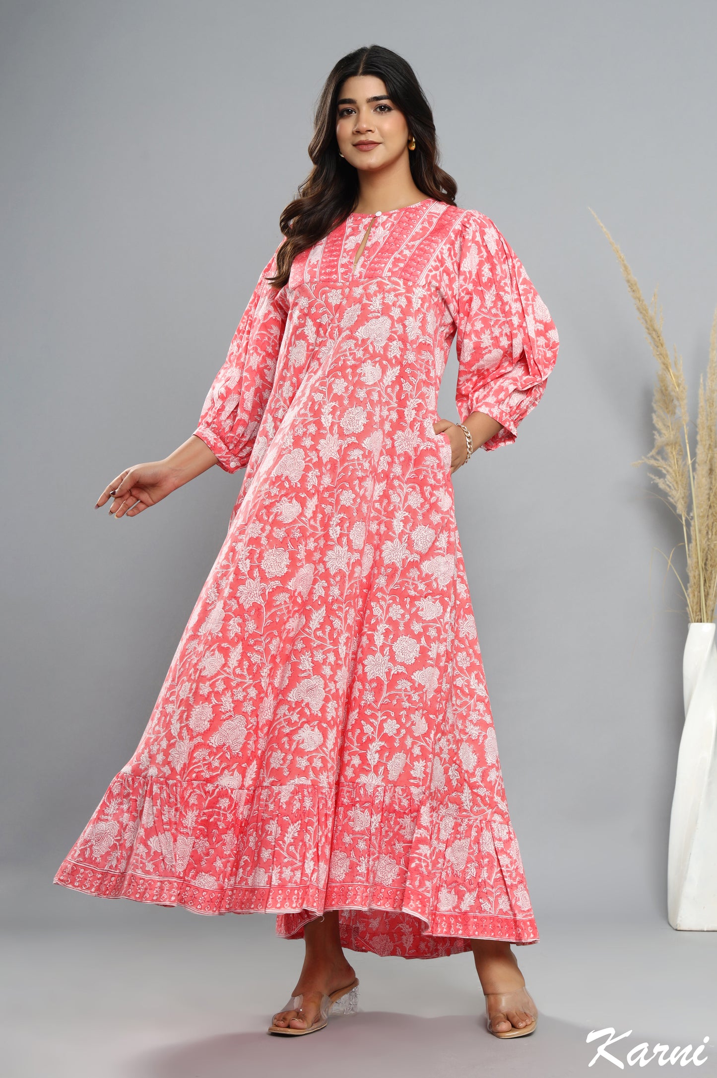 punch floral hand block printed bohemian cotton dress - 3/4th sleeve long maxi dress