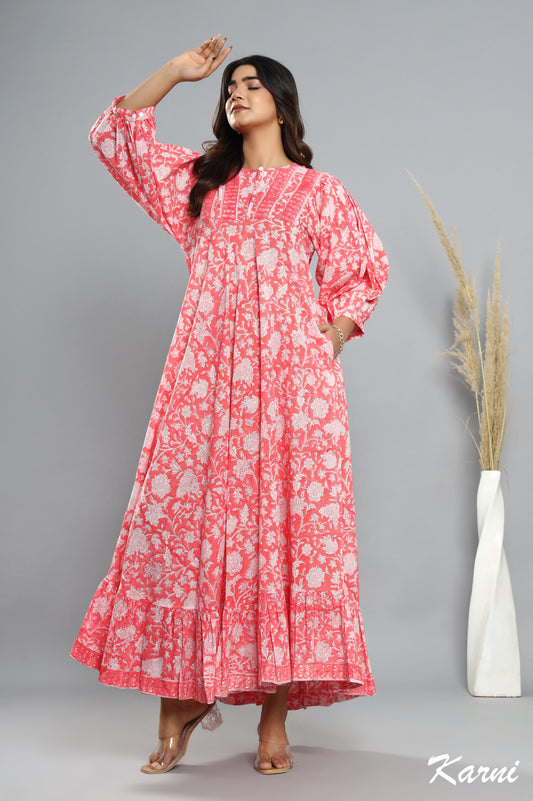 punch floral hand block printed bohemian cotton dress - 3/4th sleeve long maxi dress
