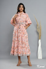 cotton peach floral hand block printed long maxi dress - frill collar bohemian dress