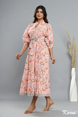 cotton peach floral hand block printed long maxi dress - frill collar bohemian dress