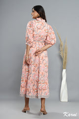 cotton peach floral hand block printed long maxi dress - frill collar bohemian dress