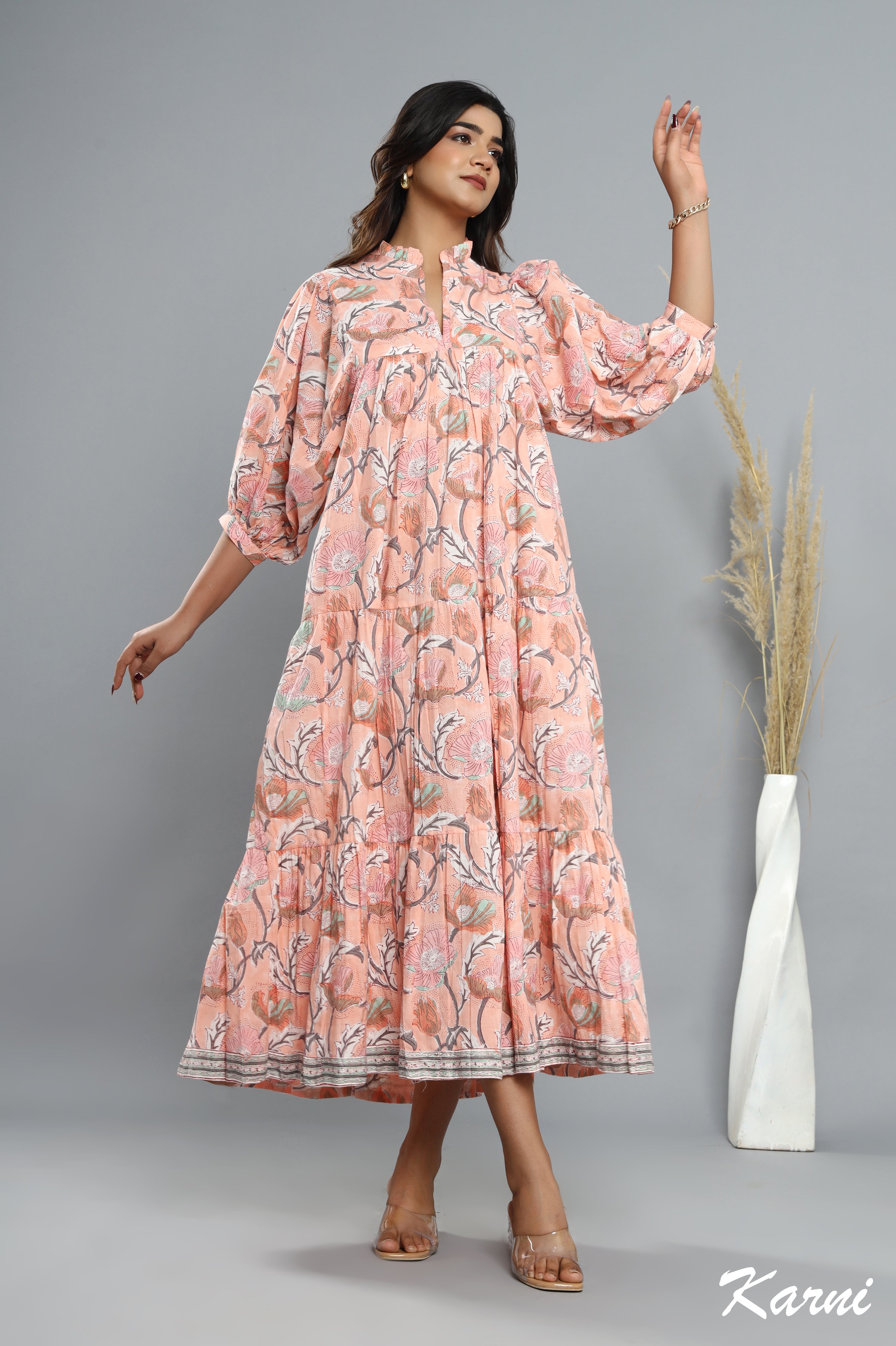 cotton peach floral hand block printed long maxi dress - frill collar bohemian dress