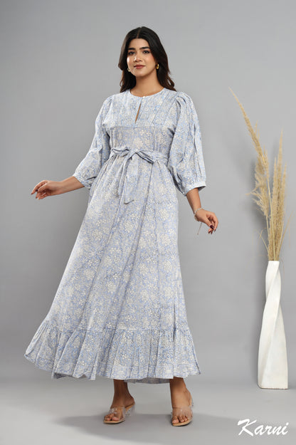 cotton frost floral hand block printed bohemian maxi dress - 3/4th sleeve long dress