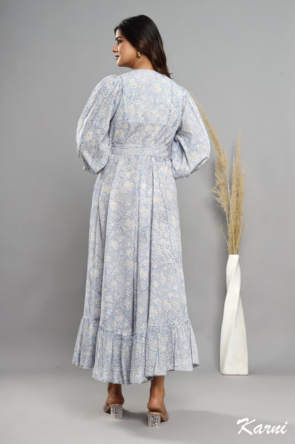 cotton frost floral hand block printed bohemian maxi dress - 3/4th sleeve long dress