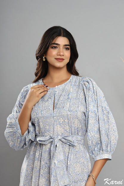 cotton frost floral hand block printed bohemian maxi dress - 3/4th sleeve long dress