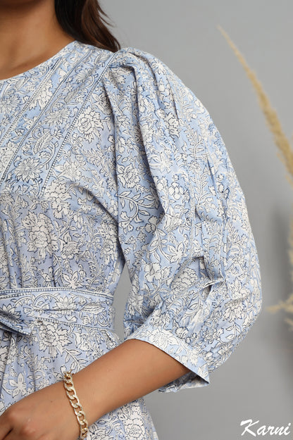 cotton frost floral hand block printed bohemian maxi dress - 3/4th sleeve long dress