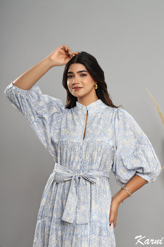 beau blue cotton floral hand block printed long maxi dress - frill collar bohemian dress