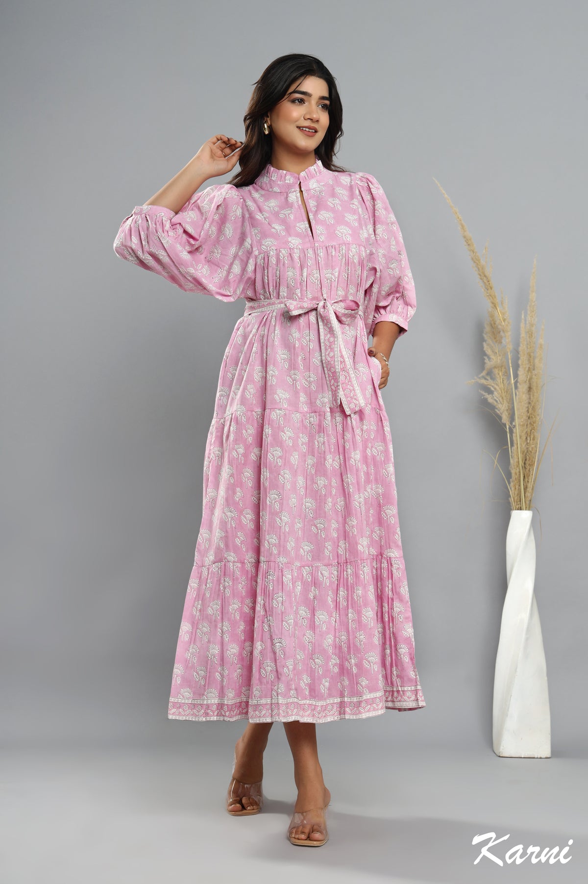 long pastel pink hand block printed cotton floral maxi dress - frill collar bohemian dress