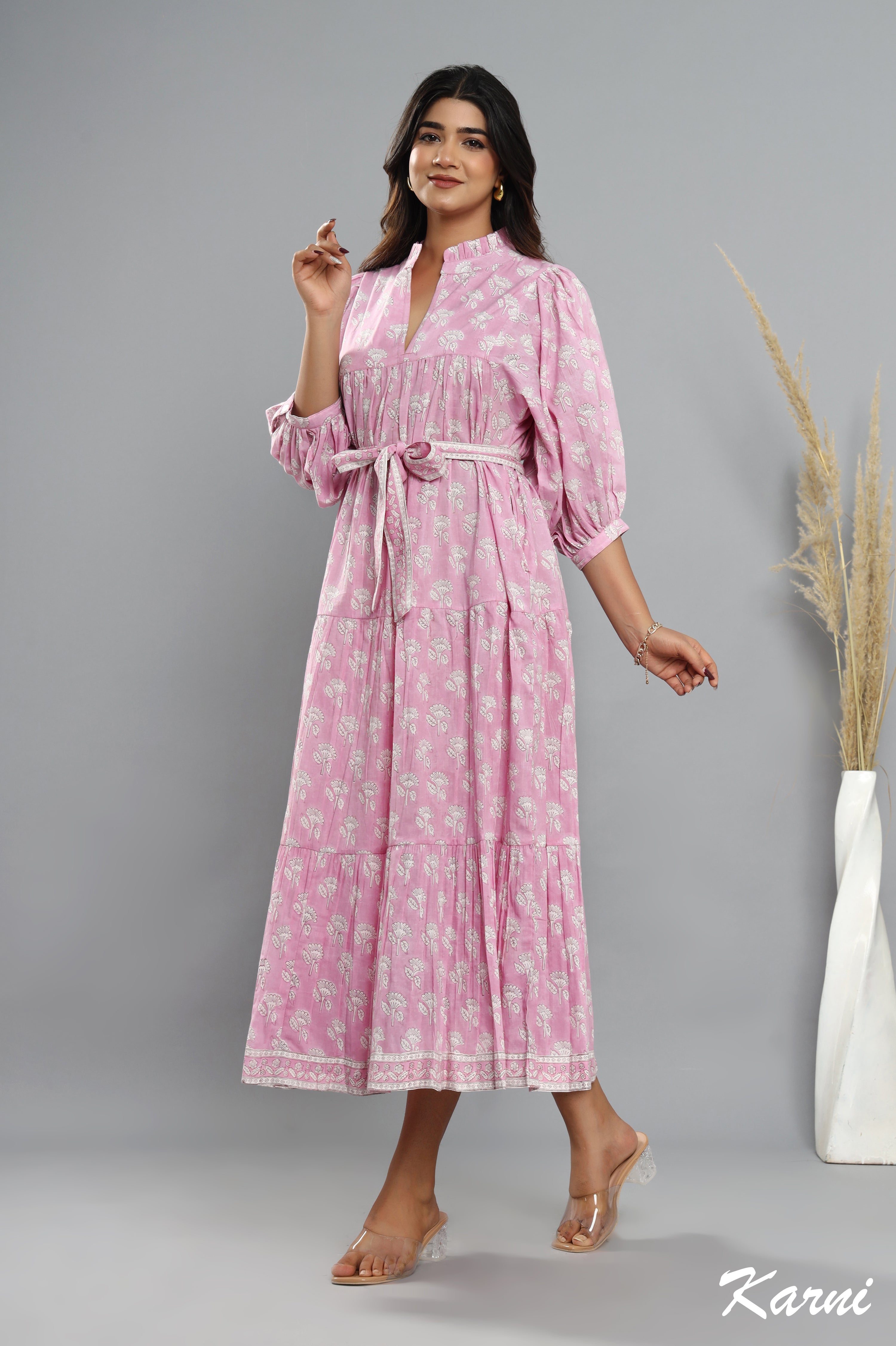 long pastel pink hand block printed cotton floral maxi dress - frill collar bohemian dress