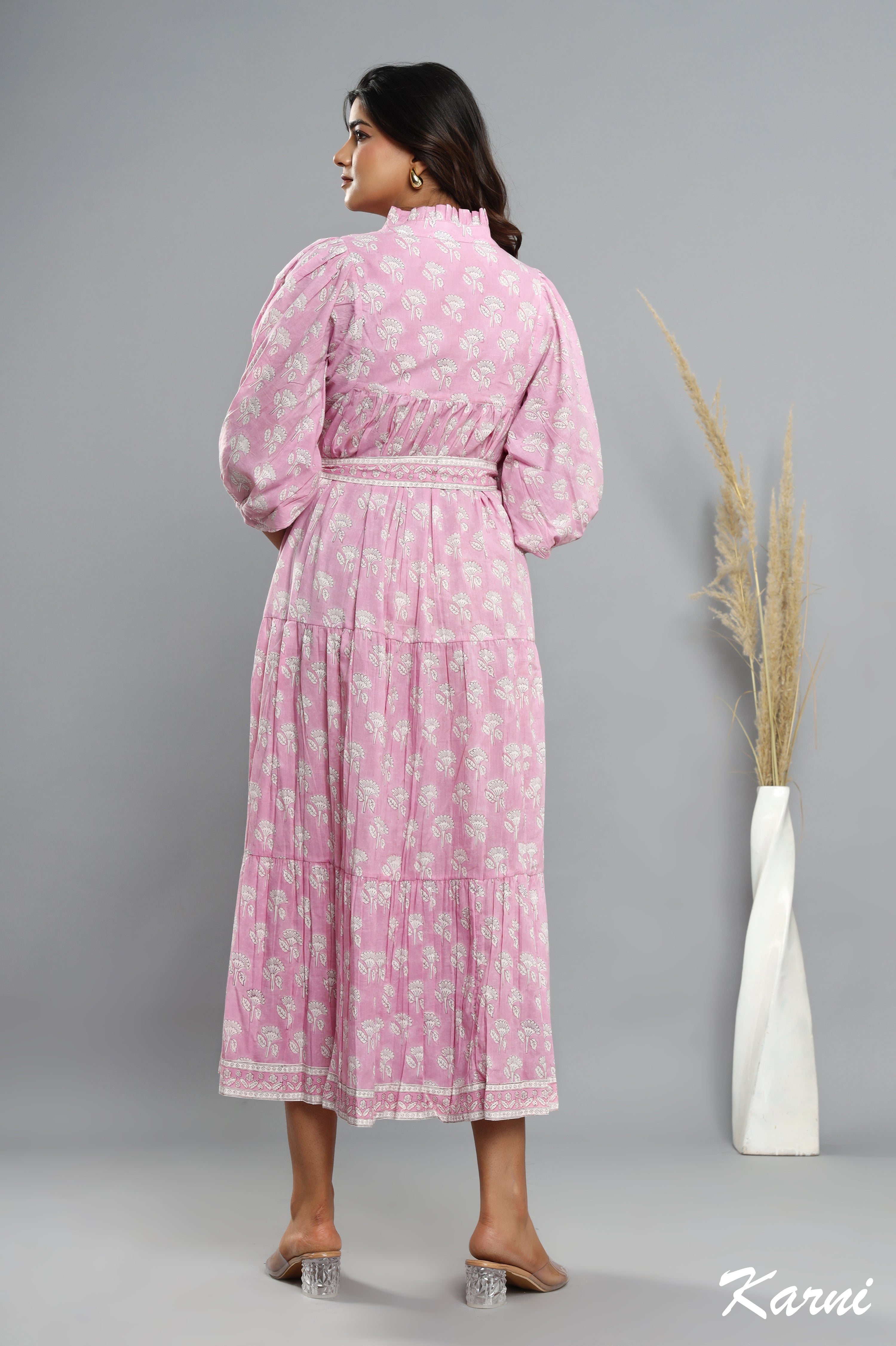 long pastel pink hand block printed cotton floral maxi dress - frill collar bohemian dress