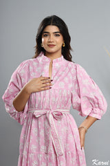 long pastel pink hand block printed cotton floral maxi dress - frill collar bohemian dress