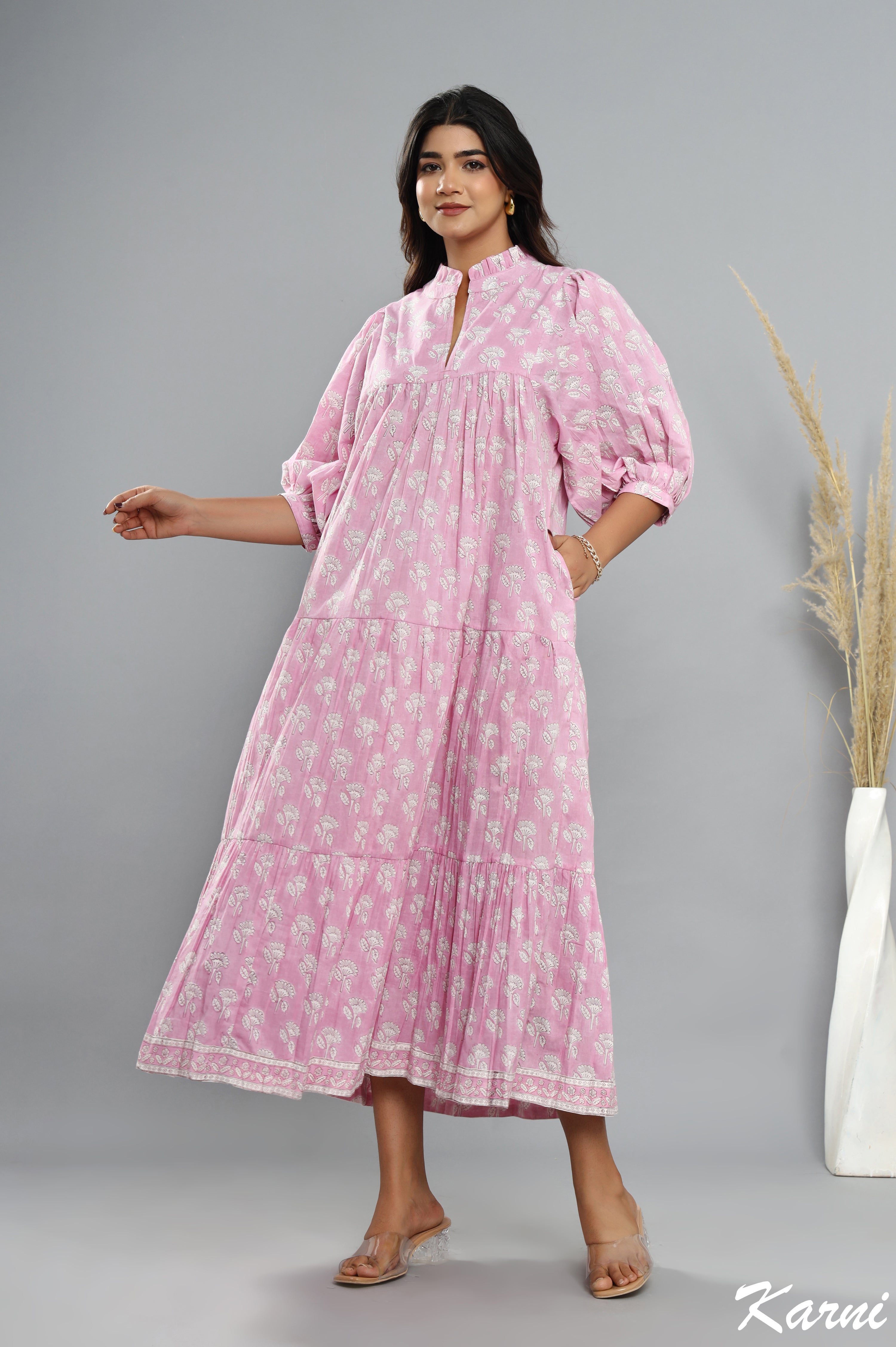 long pastel pink hand block printed cotton floral maxi dress - frill collar bohemian dress