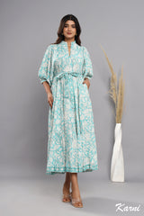 bohemian sky floral hand block printed cotton maxi dress - frill collar long dress