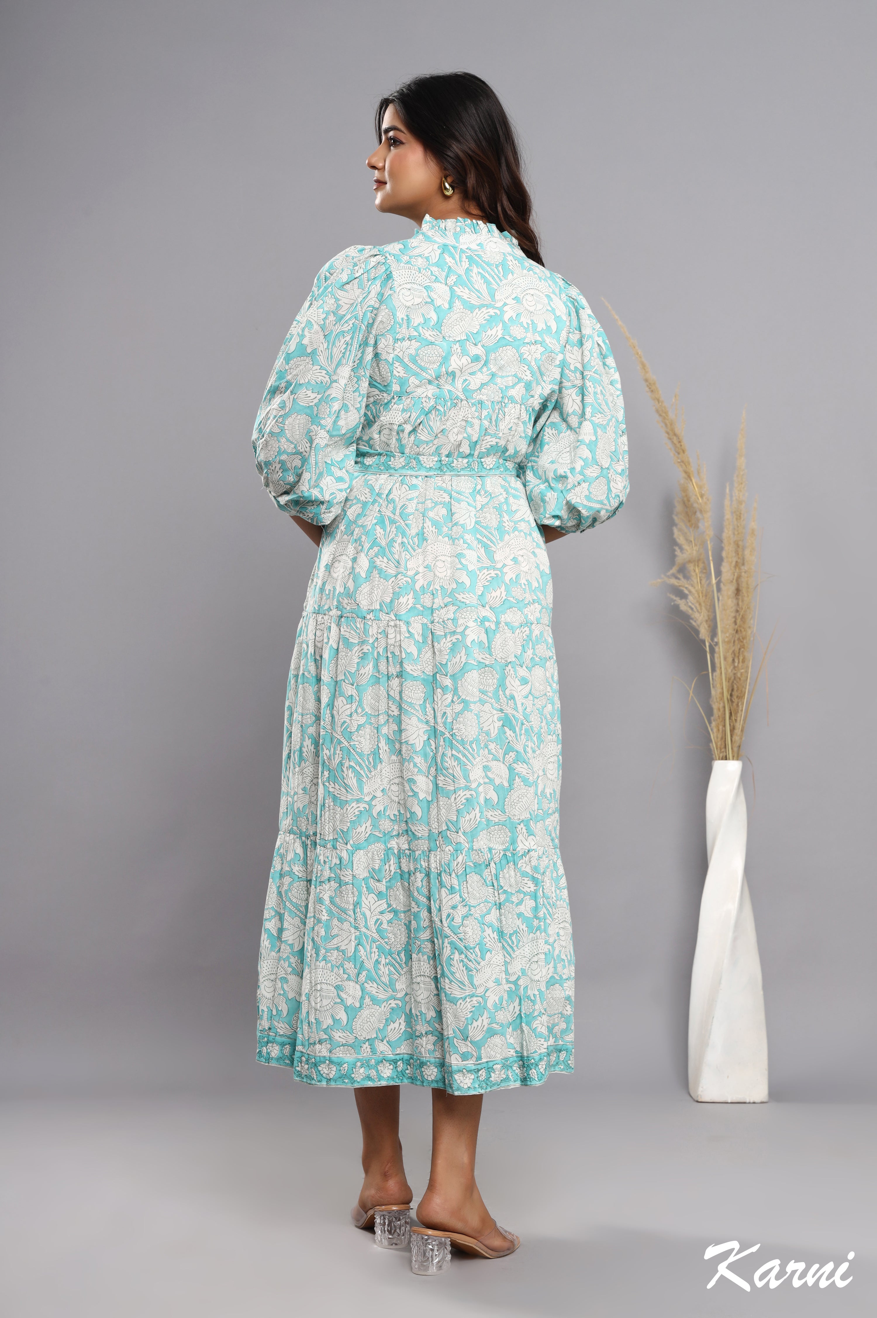 bohemian sky floral hand block printed cotton maxi dress - frill collar long dress