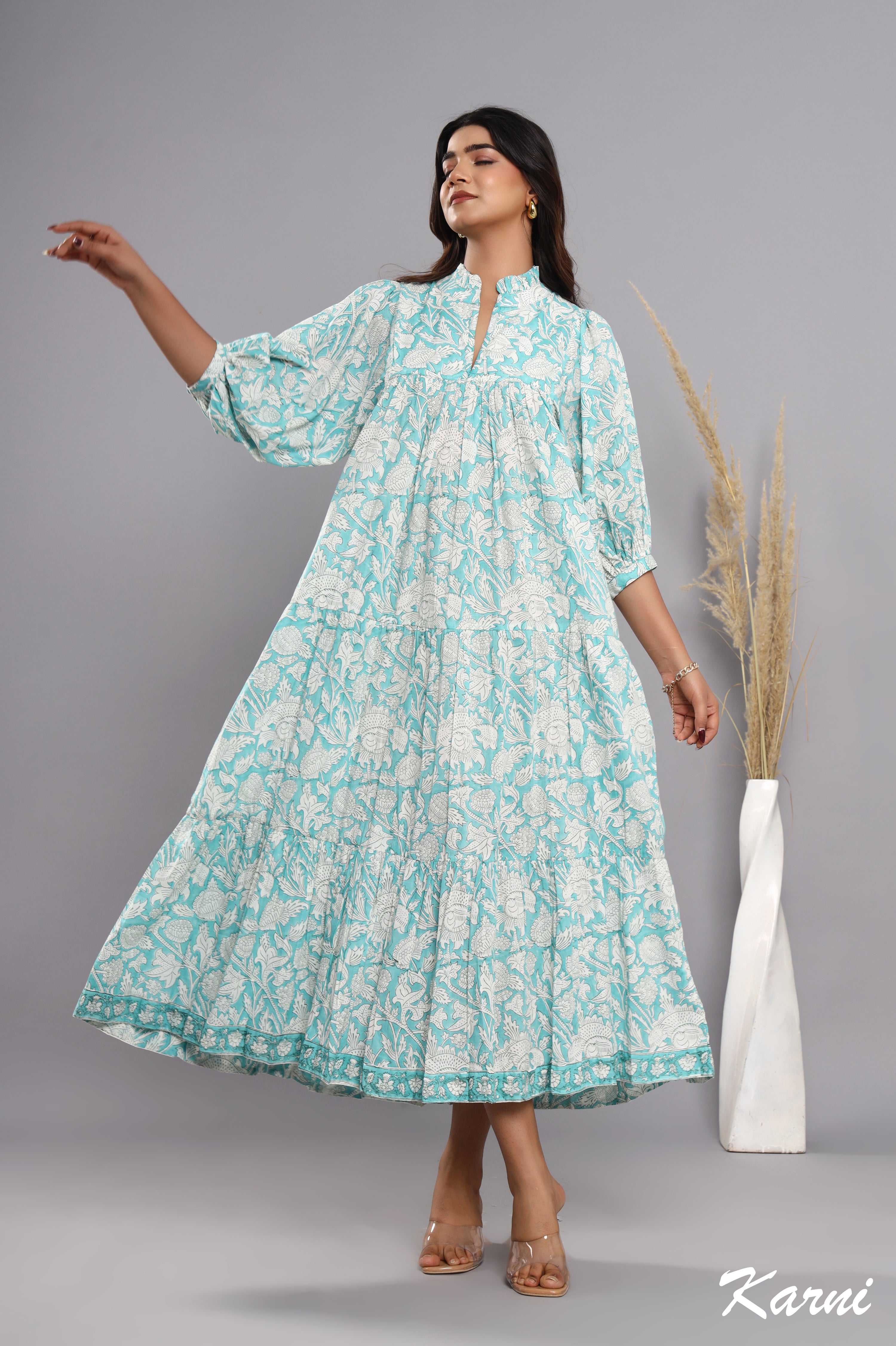 bohemian sky floral hand block printed cotton maxi dress - frill collar long dress