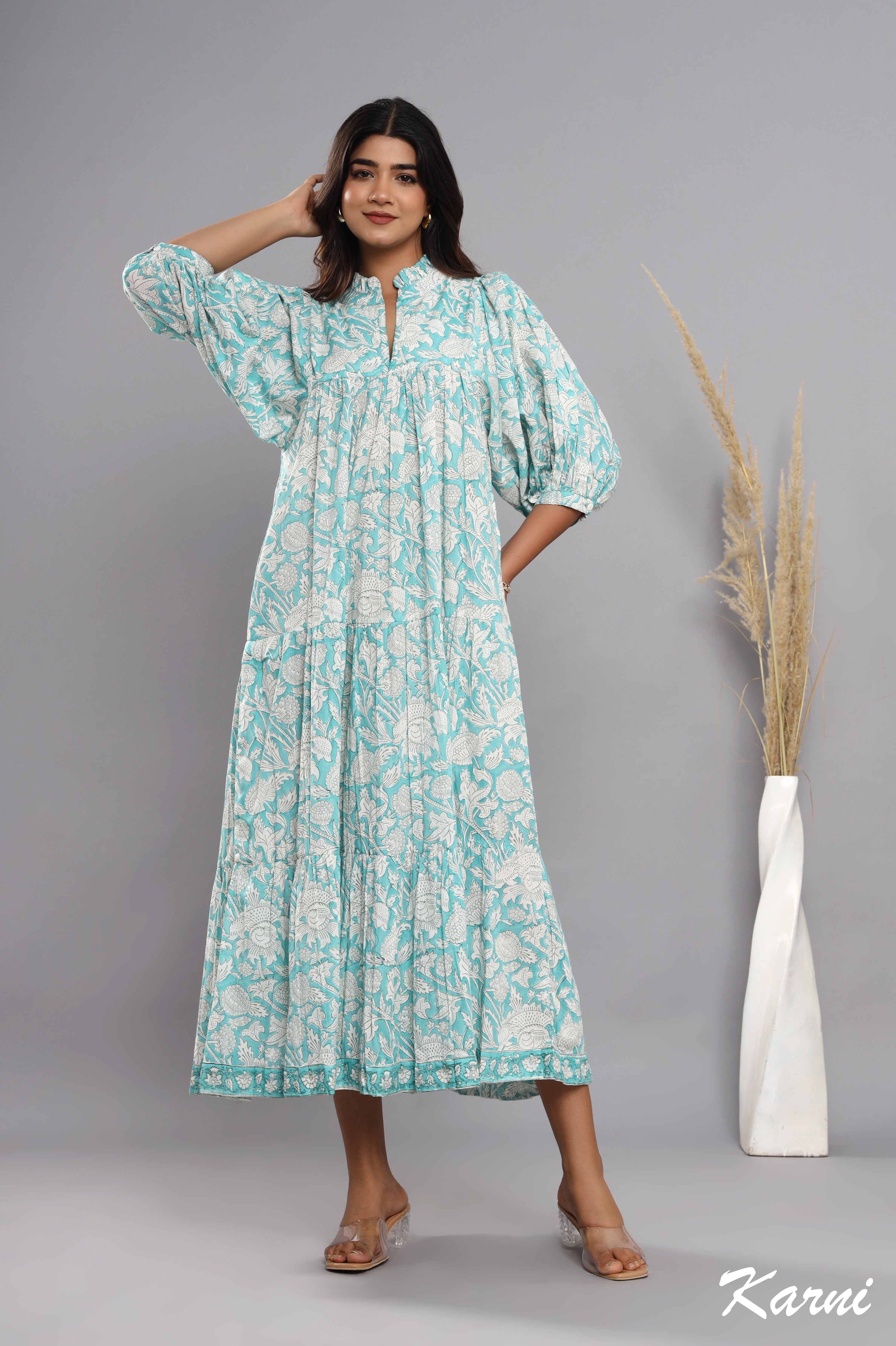 bohemian sky floral hand block printed cotton maxi dress - frill collar long dress