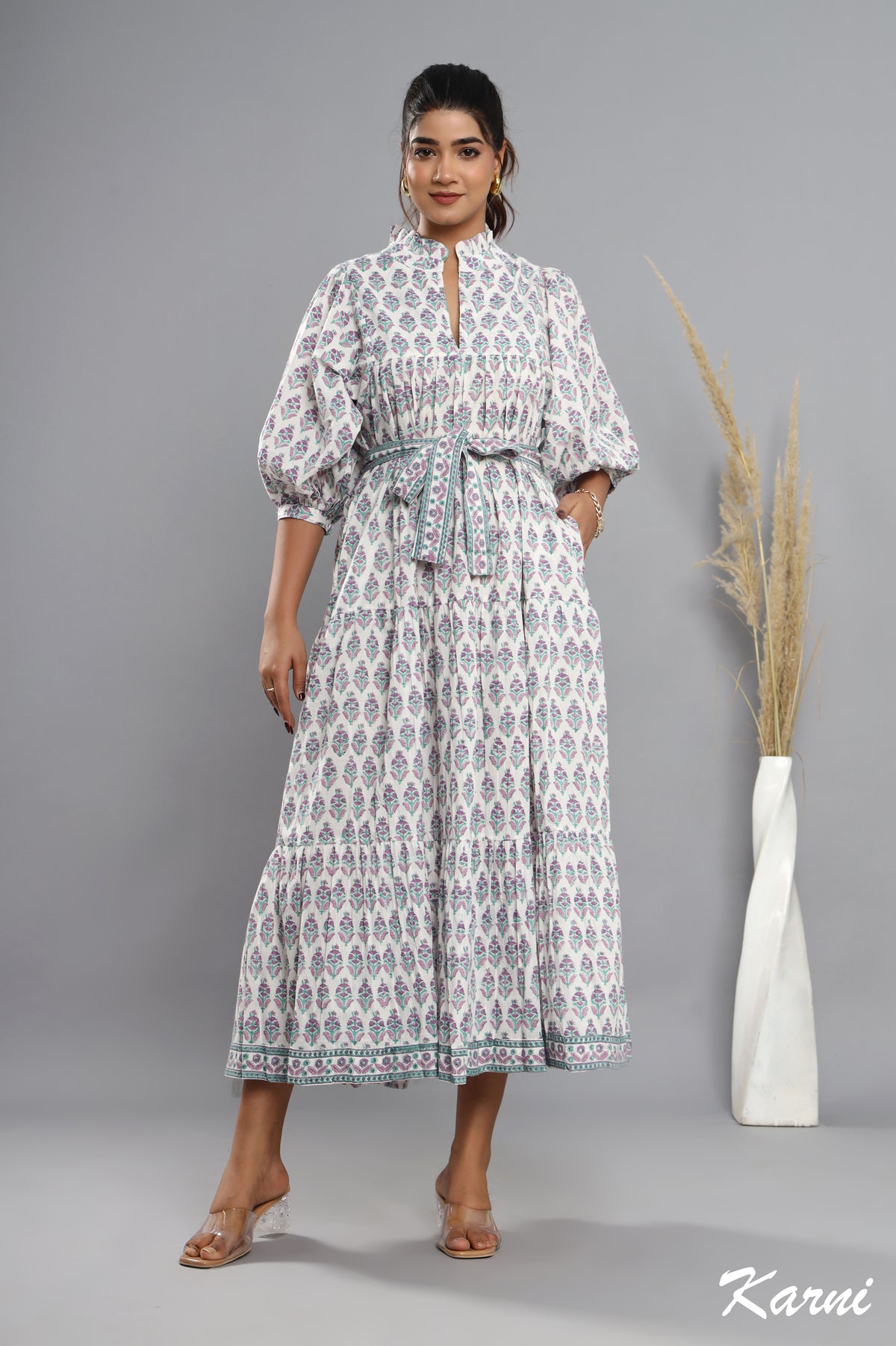 bohemian baby pink blue floral hand block printed long maxi dress - frill collar cotton dress